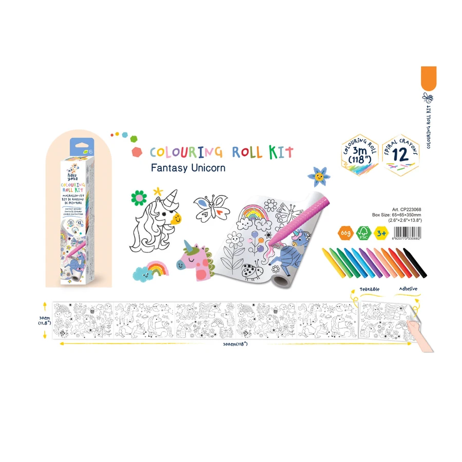 Juego de rodillos de dibujo de 3 m y 12 lápices de color de cera, Haku Yoka - Unicornios