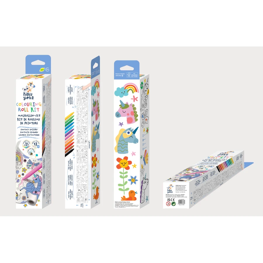 Juego de rodillos de dibujo de 3 m y 12 lápices de color de cera, Haku Yoka - Unicornios