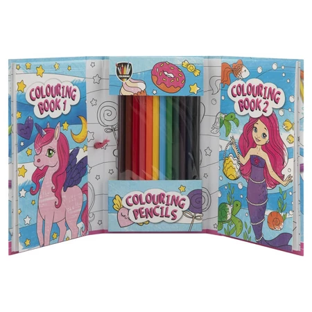 Set creativ de buzunar, 2 carti de colorat si creioane, unicorni si sirene, Grafix