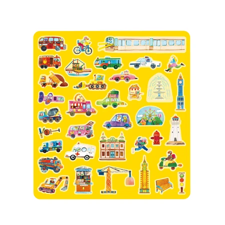 Set creativ cu stickere moi reutilizabile – Orașul în mișcare