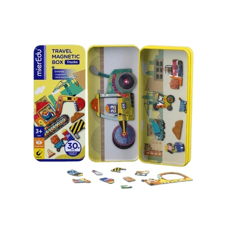 Puzzle magnetic in cutie metalica, joc de potrivire si asociere - Camioane