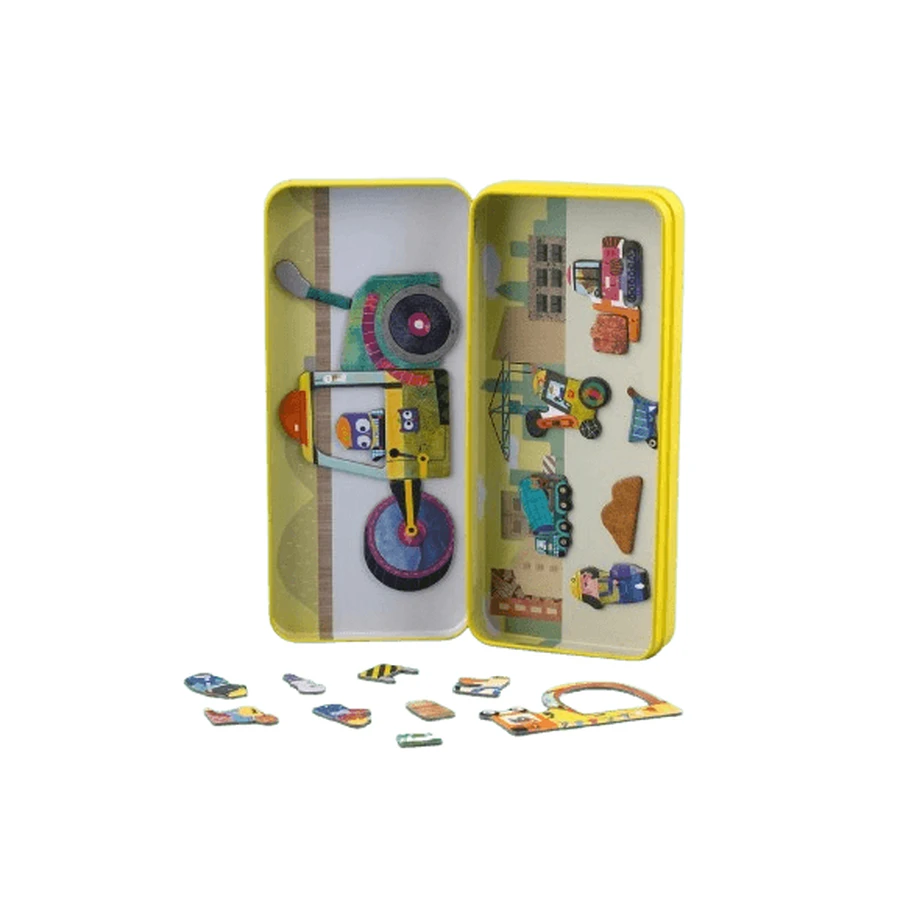 Puzzle magnetic in cutie metalica, joc de potrivire si asociere - Camioane