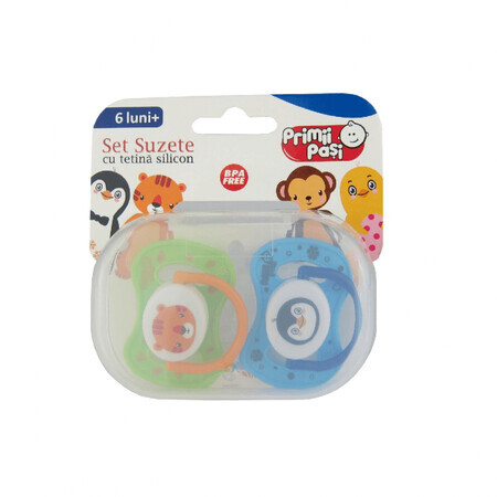 Primeros Pasos JP1103 - Set de 2 chupetes de silicona, pingüino-tigre y mono-pollo, 0-6L