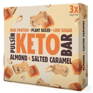 Barretta proteica con mandorle e caramello salato Keto Bar, 3x30 g, Pulsin