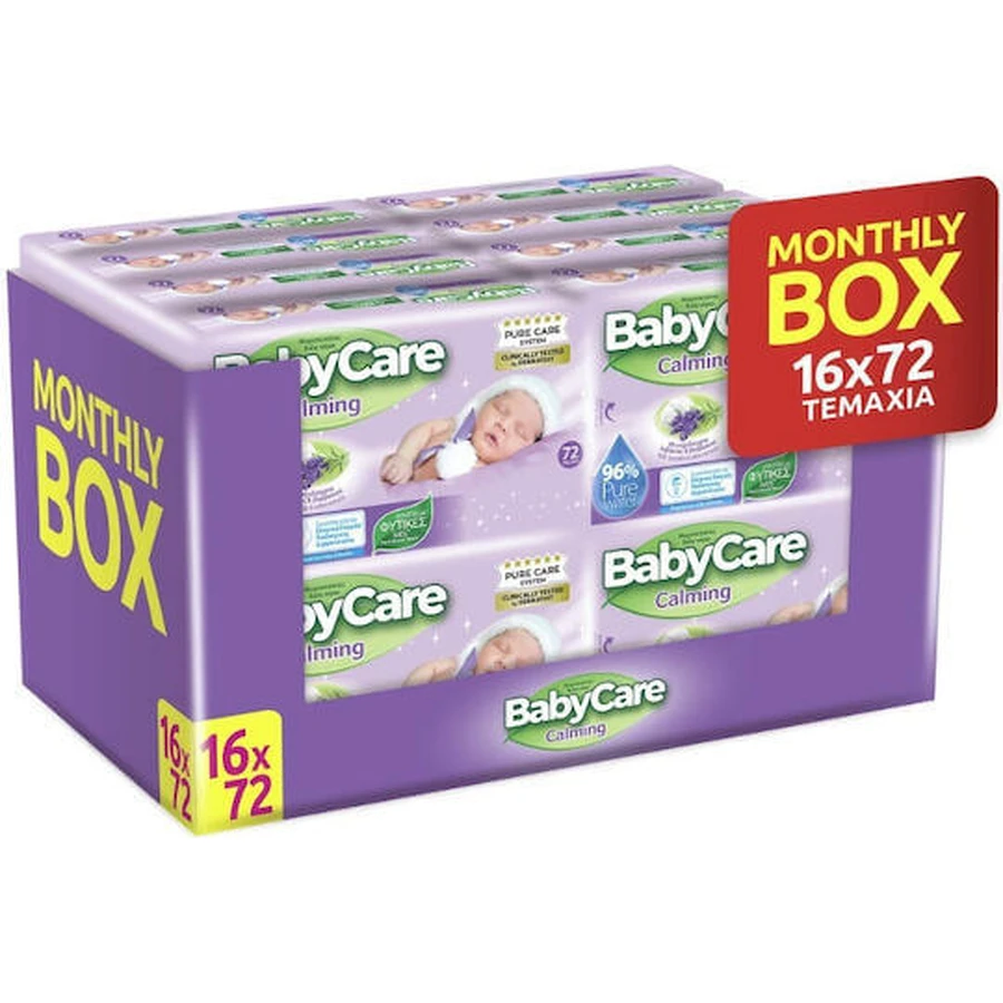 BABYCARE Calming Pure Water Babydoekjes Maandelijkse Doos (16 Verpakkingen van 72 stuks) 1152 stuks