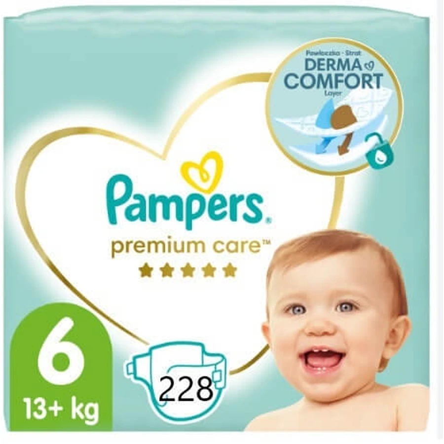 PAMPERS Premium Care Couches avec Adhésif No.6 Pour 13+kg (6 paquets de 38 pièces) 228 pièces