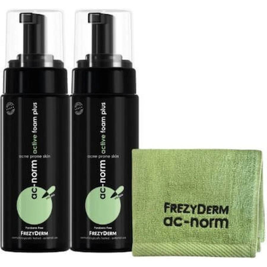 FREZYDERM AC Norm Active Foam Plus Espuma Limpiadora Facial Para Pieles Acneicas 2x150ml GRATIS Toalla Facial Antibacteriana Verde