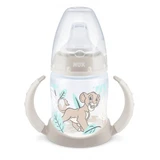 NUK First Choice Plus Biberón con Control de Temperatura Biberón didáctico de dos asas con indicador de control de temperatura y boquilla de silicona 6-18m, 150ml Disney Rey León