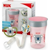 NUK Magic Cup & Space Set Con Vaso Educativo De Cola Transparente, 230ml Y Cinta De Sujeción Y Chupete Space Para 6+ Meses En Rosa