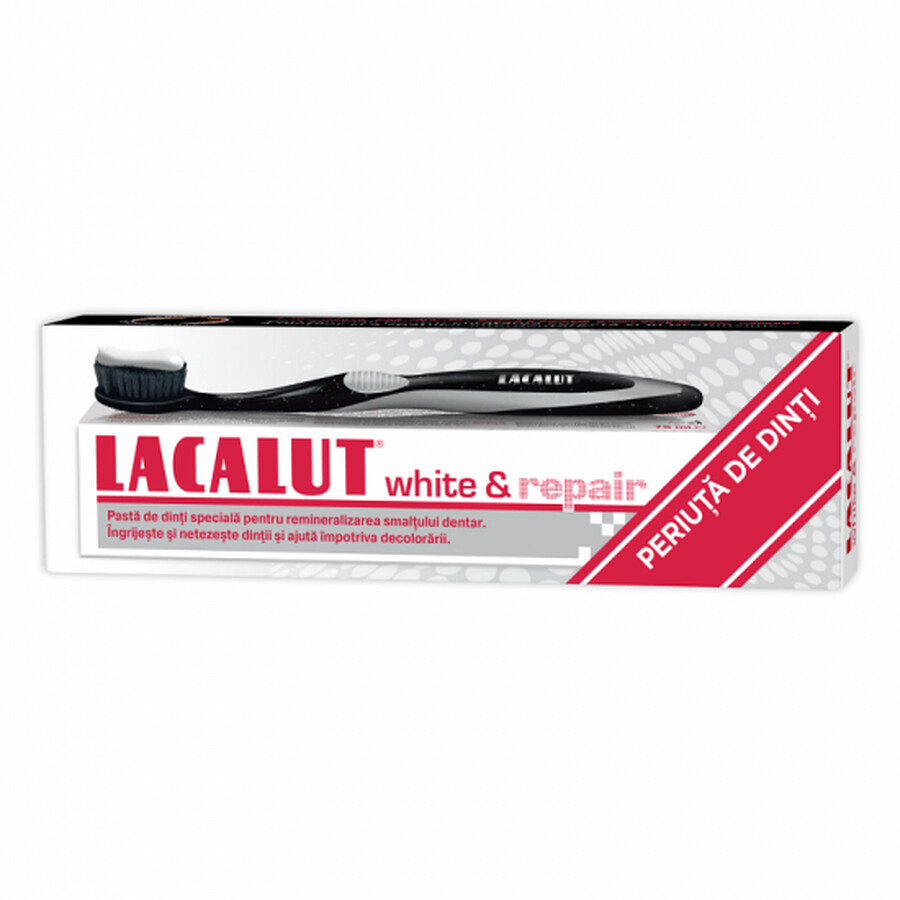 Estuche dentífrico Lacalut White &amp; Repair, 75 ml + Cepillo de Dientes Lacalut Black Edition