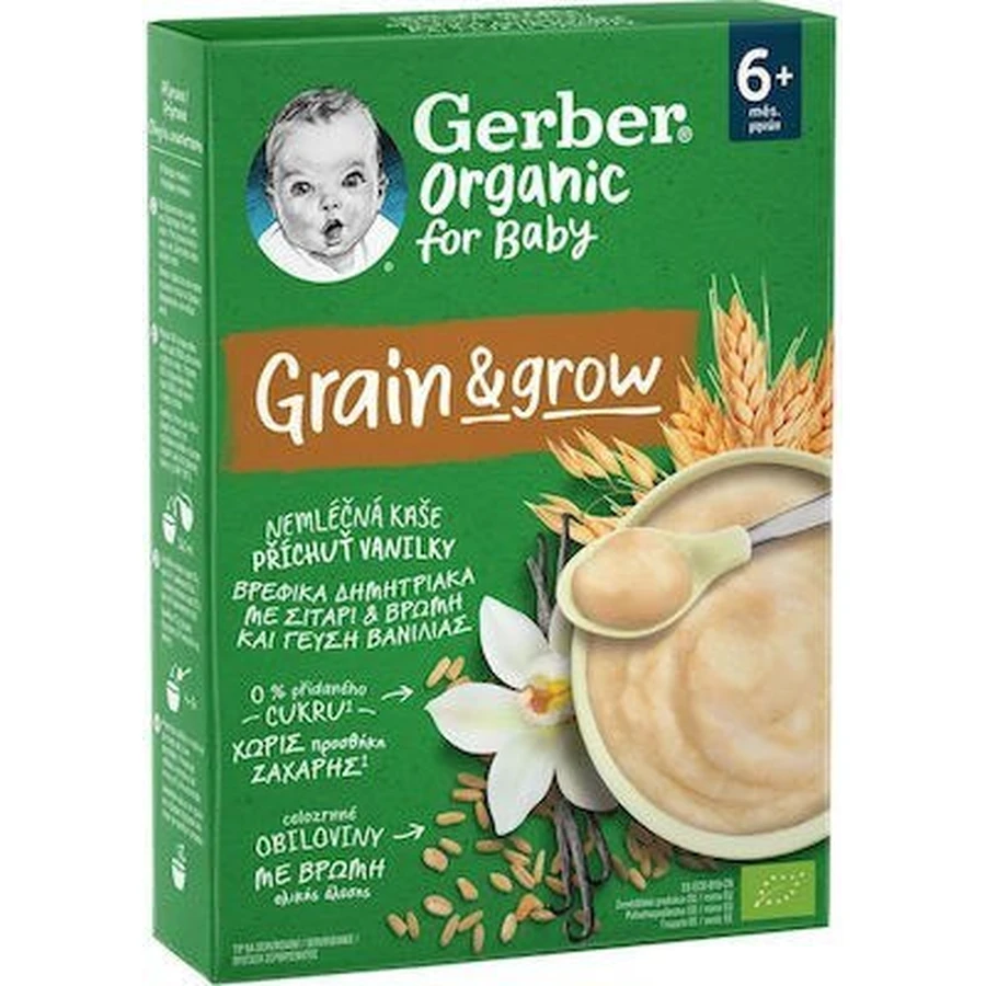 GERBER Cereales ecológicos para bebés con trigo, avena y aroma de vainilla A partir de 6 meses 200g