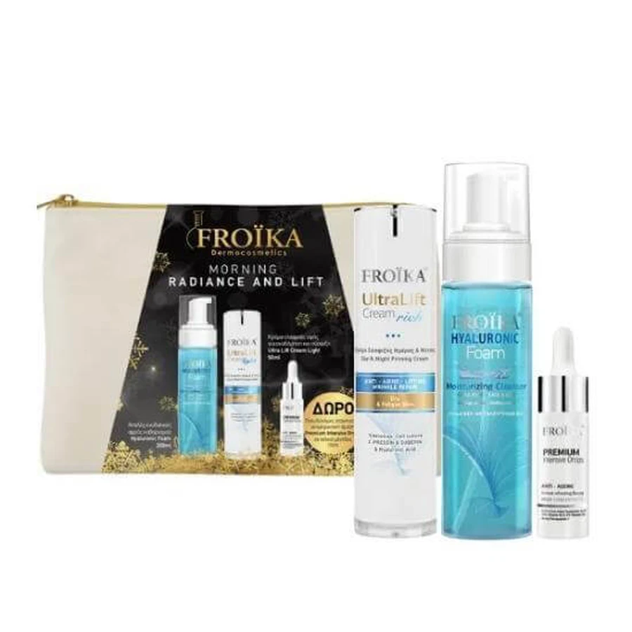 Set cadou FROIKA Morning Radiance & Lift cu spumă hialuronică spumă de curățare 200ml, Ultra Lift Cream cremă hidratantă 50ml & cadou Premium Intensive Drops Anti-Aging Drops 10ml & Water Box