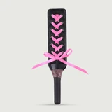 Leren peddel met veters en strass handvat - zwart/roze