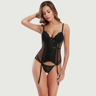 8 Pieces Deluxe Satin Lace Corset with Plastic Bone Detailing - Black - Medium