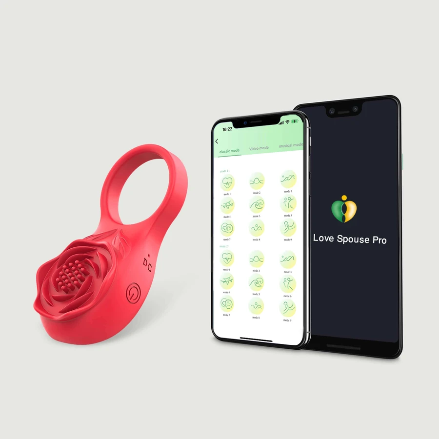 Die Blume Klitoris App-basierte Silikon vibrierenden Cock Ring mit Klitoris Stimulator - rot