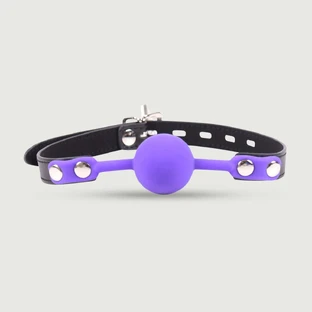 Verstellbarer Lederknebel mit violettem Ball - Schwarz/Violett
