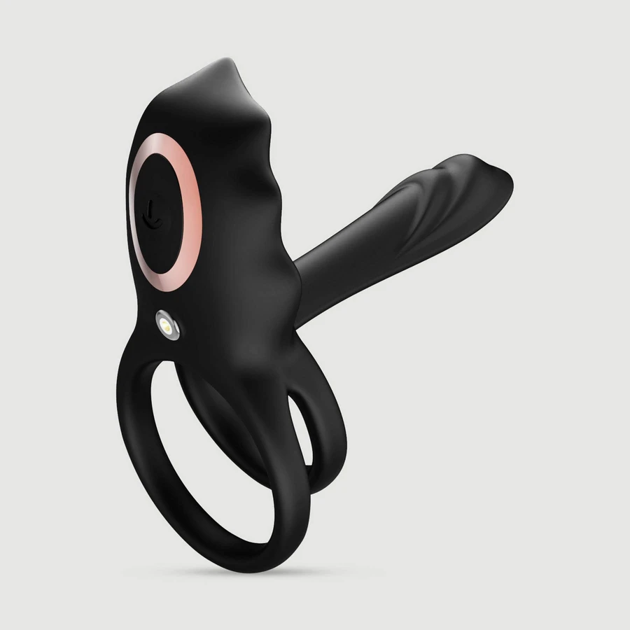 Silicone Flexibele Dubbele Cock Ring Met Clitoris Stimulator - Zwart