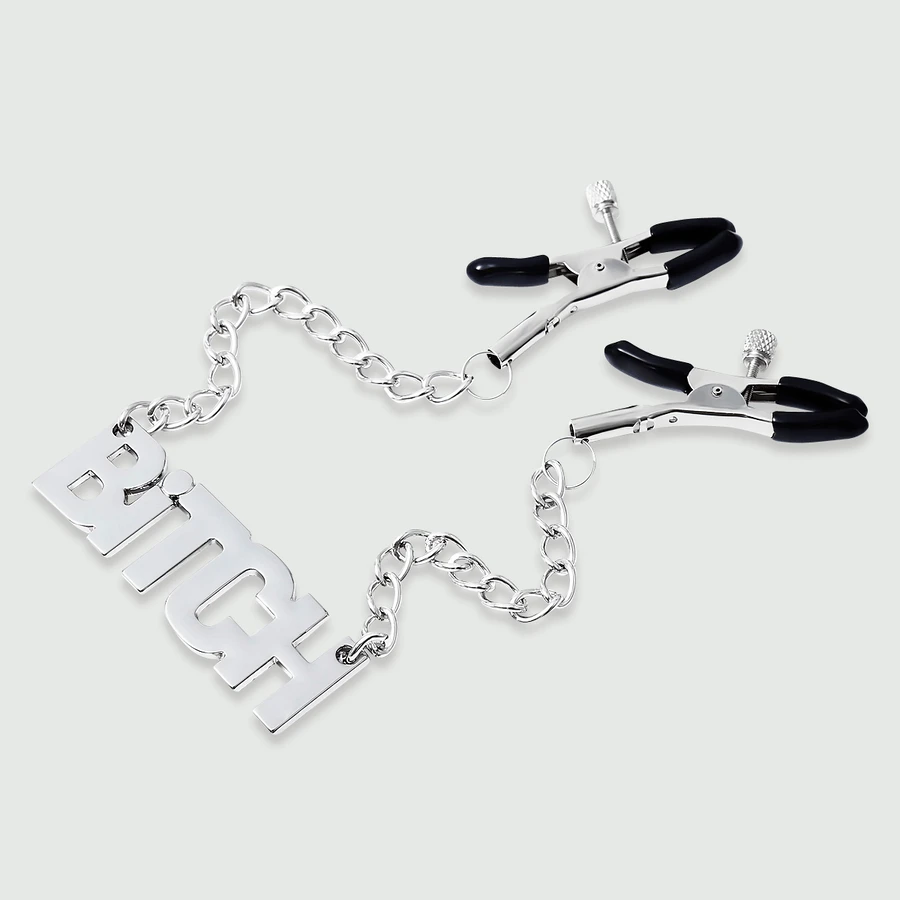 Pinzas para pezones con cadena y etiqueta BITCH - Plata