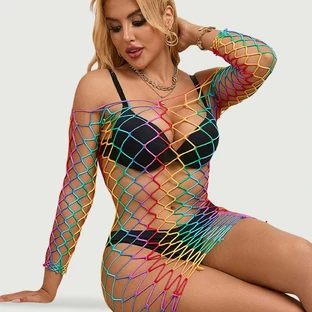 Bodystocking multicolor cu mânecă lungă și plasă - Multicolor - Marime unu
