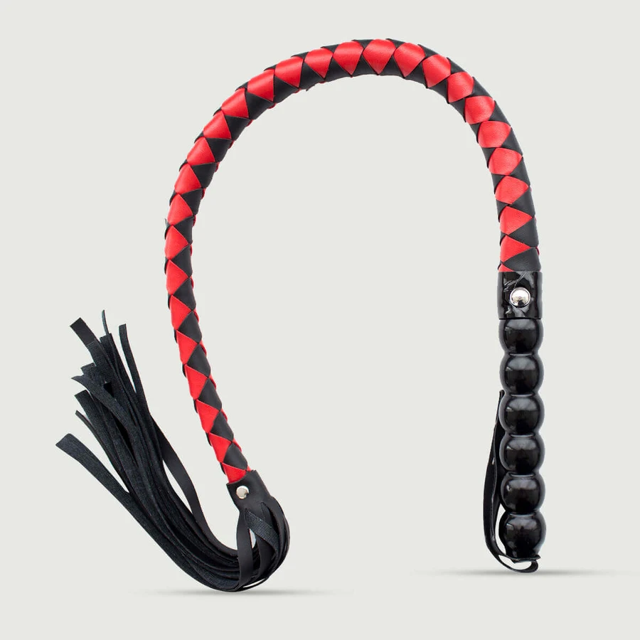 Bullwhip With Red Pyramid Braid & Leather Handle - Red/Black