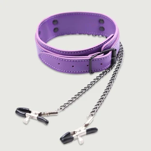 Leren Halsband Met Tepelklemmen & Kettingen - Paars