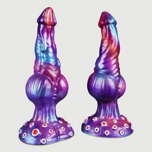 Dildo lichid curbat din silicon cu biluțe și ventuză 24 x 4,7 cm - Multicolor