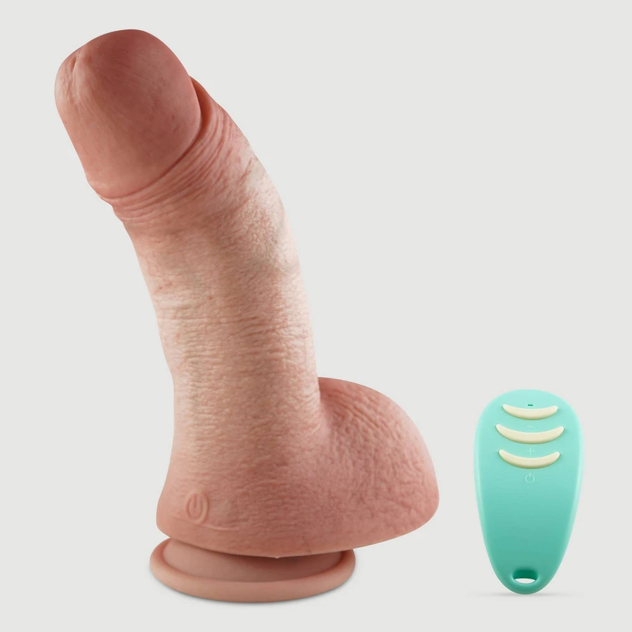 Zuri Vibrador de Silicona Curvo Grueso y Realista de 21 cm con Control Remoto, Bolas y Ventosa - Carne