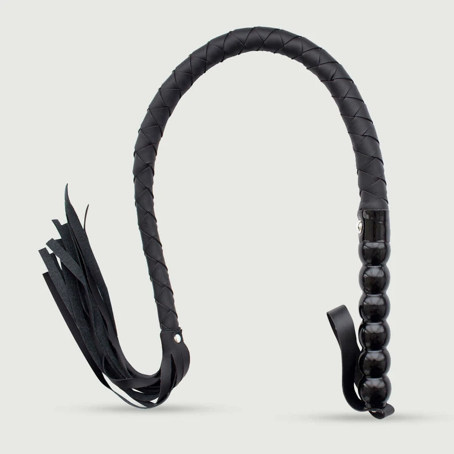 Frusta di cuoio con nodi e corpo intrecciato - Nero