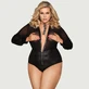 Plus Size V-Neck Zipper Leather Teddy - Black - Large/X-Large