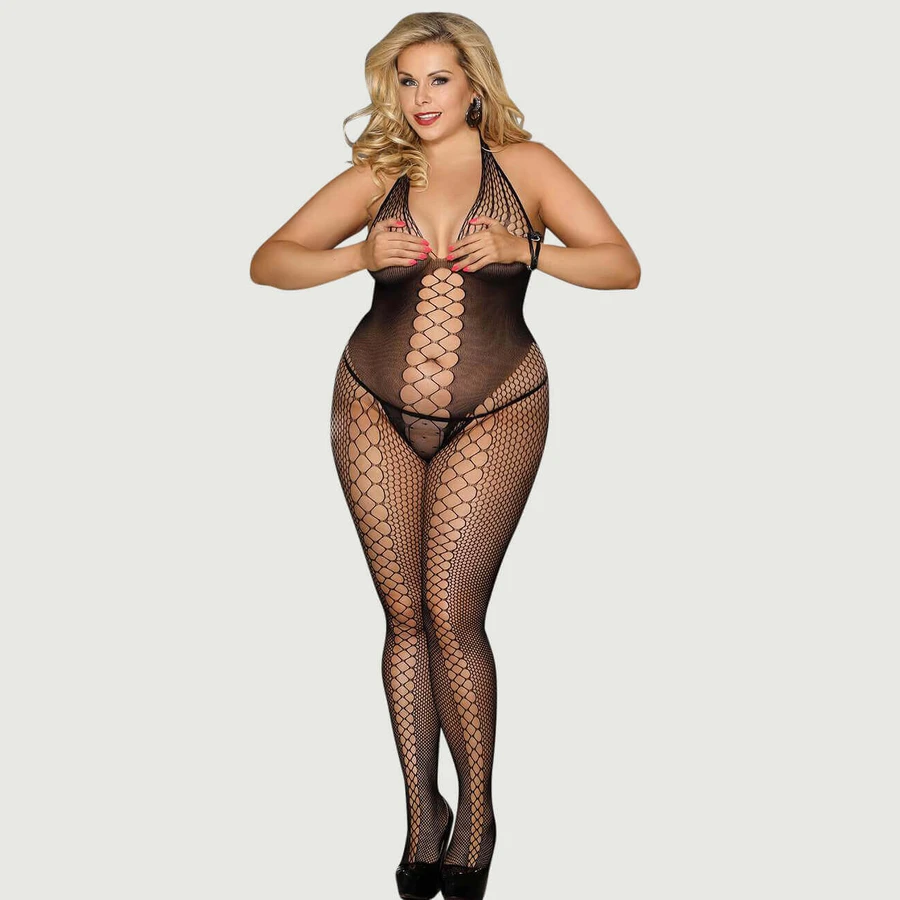 Bodystocking a rete con scollo a cavezza aperto sul retro - Nero - Grande/X-Large