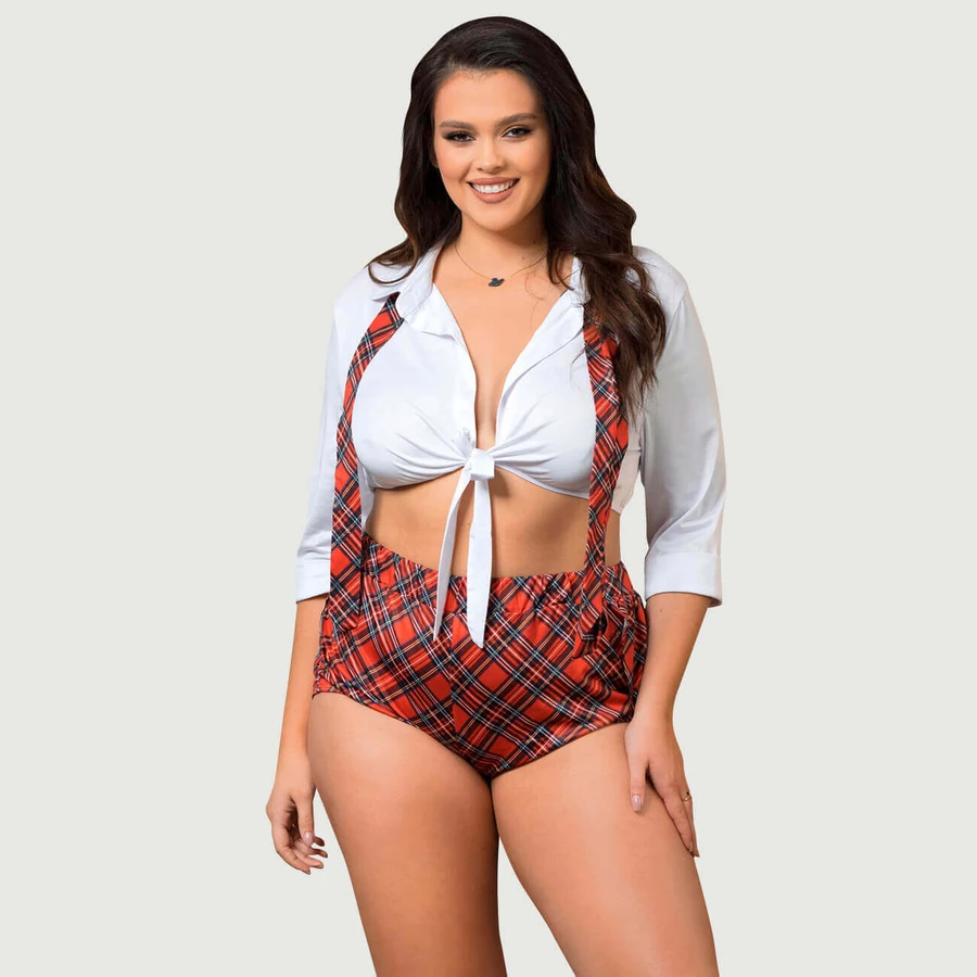 Talla Grande Sexy Uniforme Estudiante Estilo Universitario Traje Cosplay Con Top - A Cuadros - Grande/X-Grande