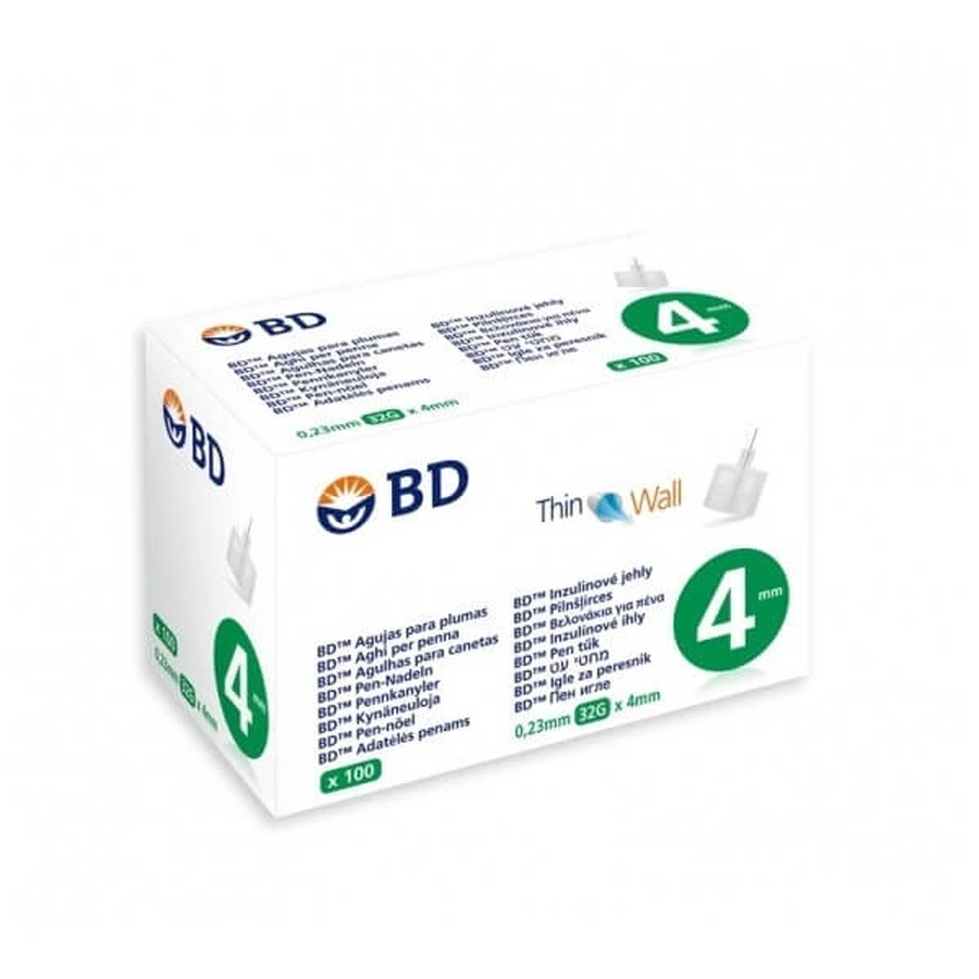 BD Dunwandige steriele naalden voor insulinepennen 4mm x 0,23mm (32G) 100 stuks.