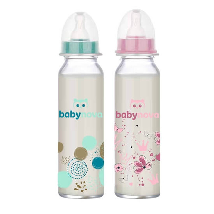 Biberón de vidrio decorado, 0-24 meses, 240 ml, BabyNova