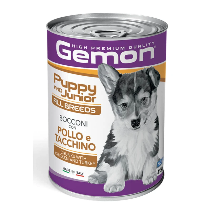GEMON All Breeds Puppy and Junior, XS-XL, Pollo e Tacchino, cibo umido in scatola per cani giovani, (in aspic), 415g
