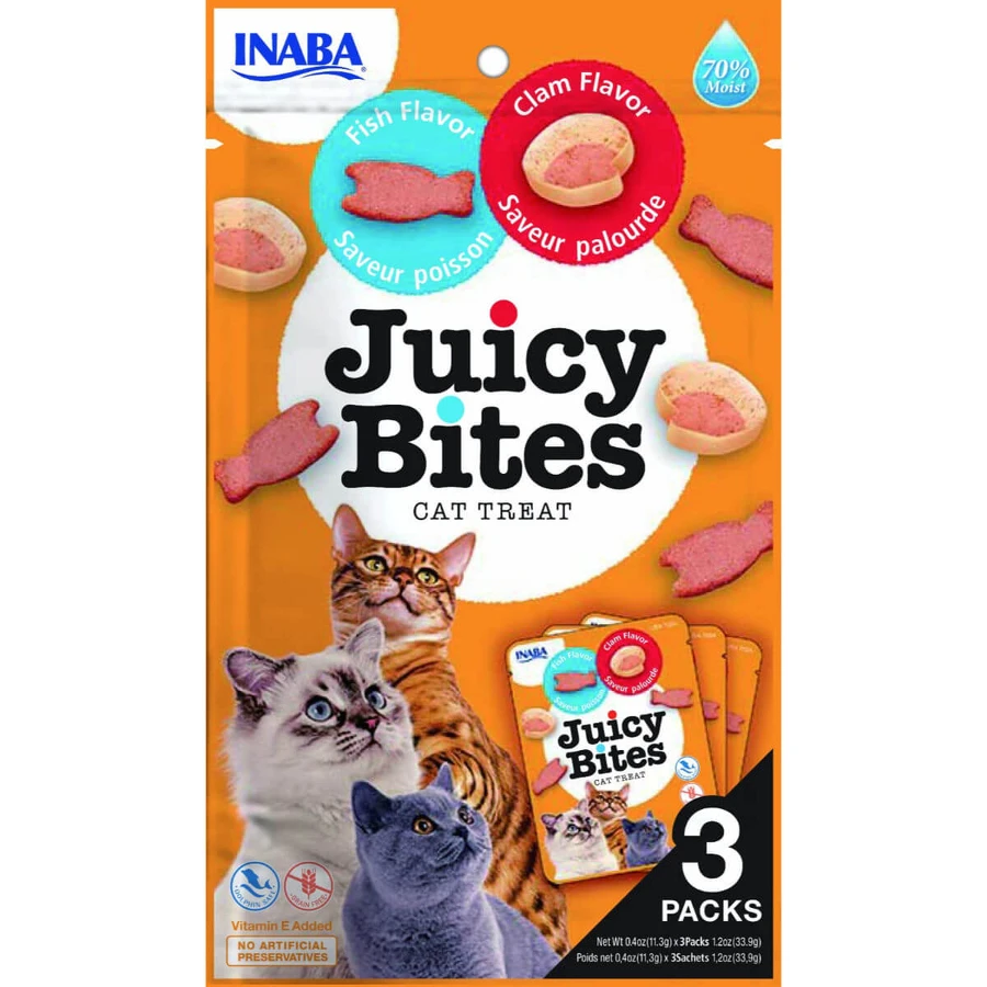 INABA Juicy Bites, poisson et coquilles Saint-Jacques, sachet, récompenses pour chats sans céréales, semi-malin, 33g