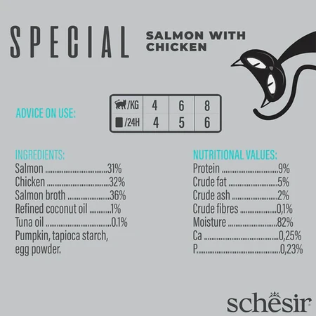 SCHESIR Special Skin & Coat, Salmon and Chicken, sachet of moist cereal-free cat food, skin & fur, (mousse), 70g