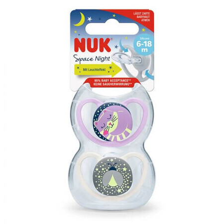 Space Nigh chupete de silicona para niñas, 2 piezas, 6-18 meses, Nuk