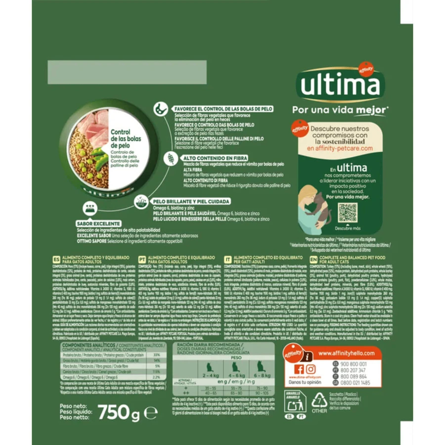 ULTIMA Hairball, indyk, sucha karma dla kotów, ograniczenie kul sierści, 750g: ceny i cechy