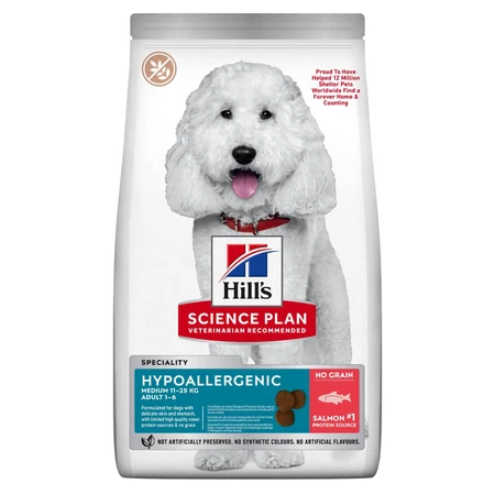HILL'S Science Plan No Grain Hypoallergenic, M, Zalm, graanvrij droogvoer voor honden, spijsverteringsstelsel, allergieën, 2,5kg