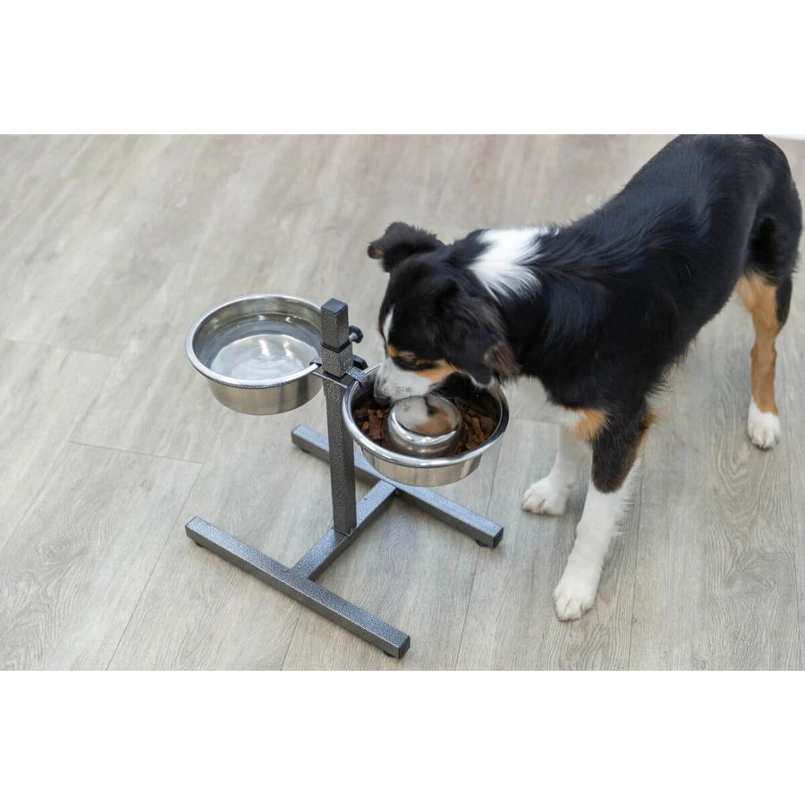 TRIXIE, set dog bowls + 2 bowls, adjustable height, metal, silver, M-L(1.8l, ⌀21cm)