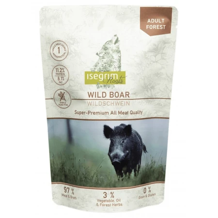 ISEGRIM, XS-XL, Cinghiale, bustina, monoproteico, cibo umido senza cereali per cani, (in salsa), 410g