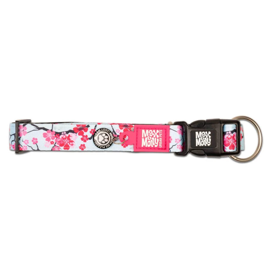 MAX & MOLLY Smart ID Cherry Bloom, hondenhalsband, verstelbaar, polyester, blauw en roze, drietand gesp, S(28-45 x 1.5cm)