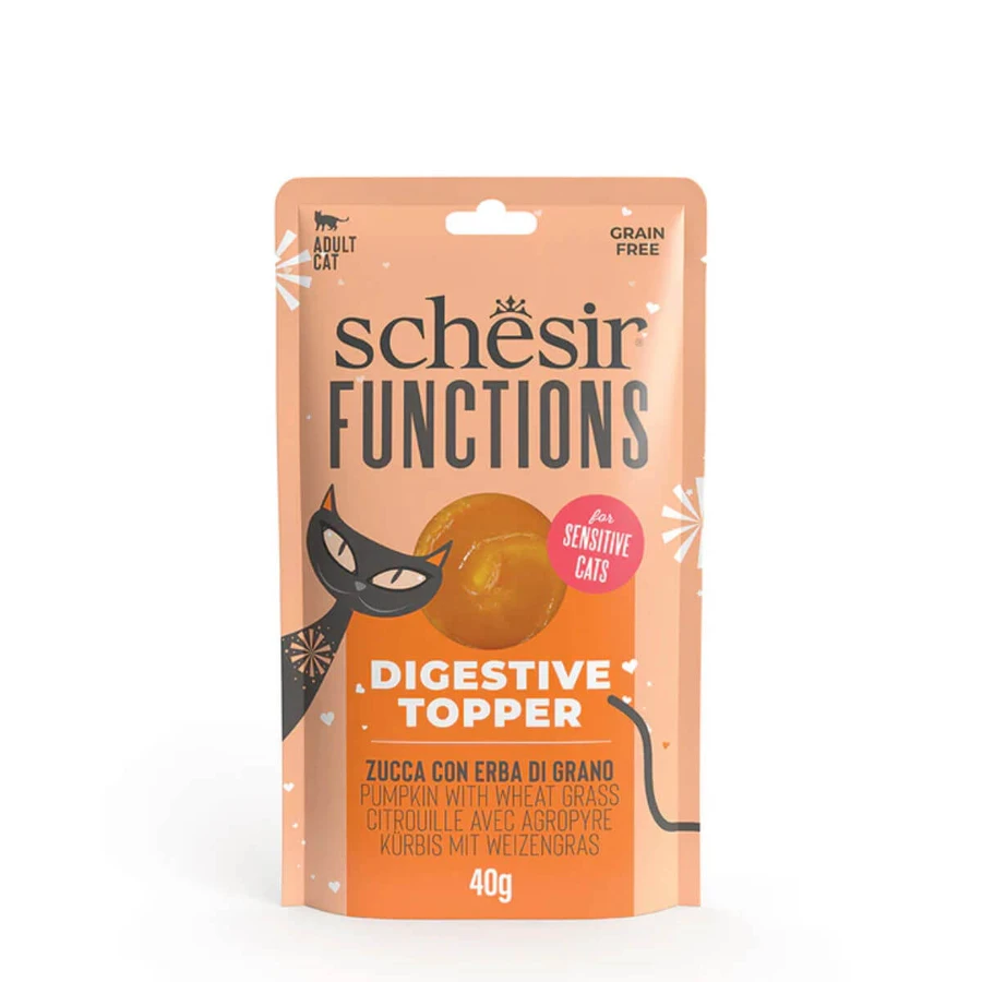 SCHESIR Functions Digestive Topper, zucca, bustina di cibo umido per gatti senza cereali, sistema digestivo, (topping), 40g