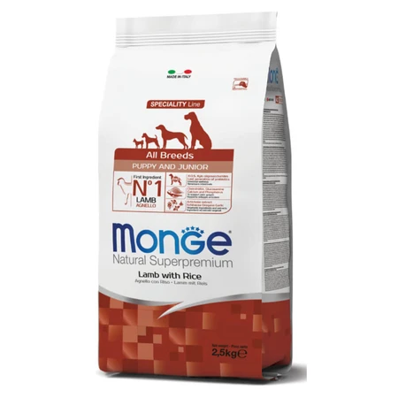 MONGE Natural Superpremium Monoprotein Puppy&Junior, XS-XL, Miele e Riso, cibo secco per cani junior, 2,5 kg