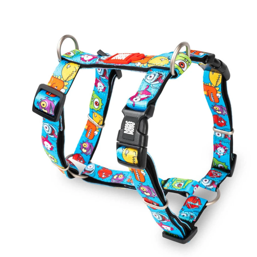 MAX & MOLLY Little Monsters, pettorina doppia (petto e schiena) per cani, poliestere, blu, fibbia a tridente, S(43-53 x 1,5 cm)