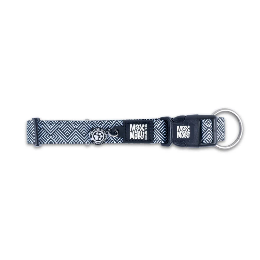MAX & MOLLY Smart ID Mykonos Black, hondenhalsband, verstelbaar, polyester, zwart en wit, drietand gesp, M(34-55 x 2cm)