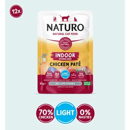 NATURO Indoor Sterilized, Kurczak, saszetka bezzbożowej karmy mokrej dla kotów sterylizowanych, (pasztet), 85g: ceny i cechy