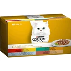 PURINA Gourmet Gold, 4 smaken (Rund en Kip, Eend en Kalkoen, Vis met Spinazie, Konijn en Lever), multipack, nat kattenvoer in blik, (in saus), 85g x 4