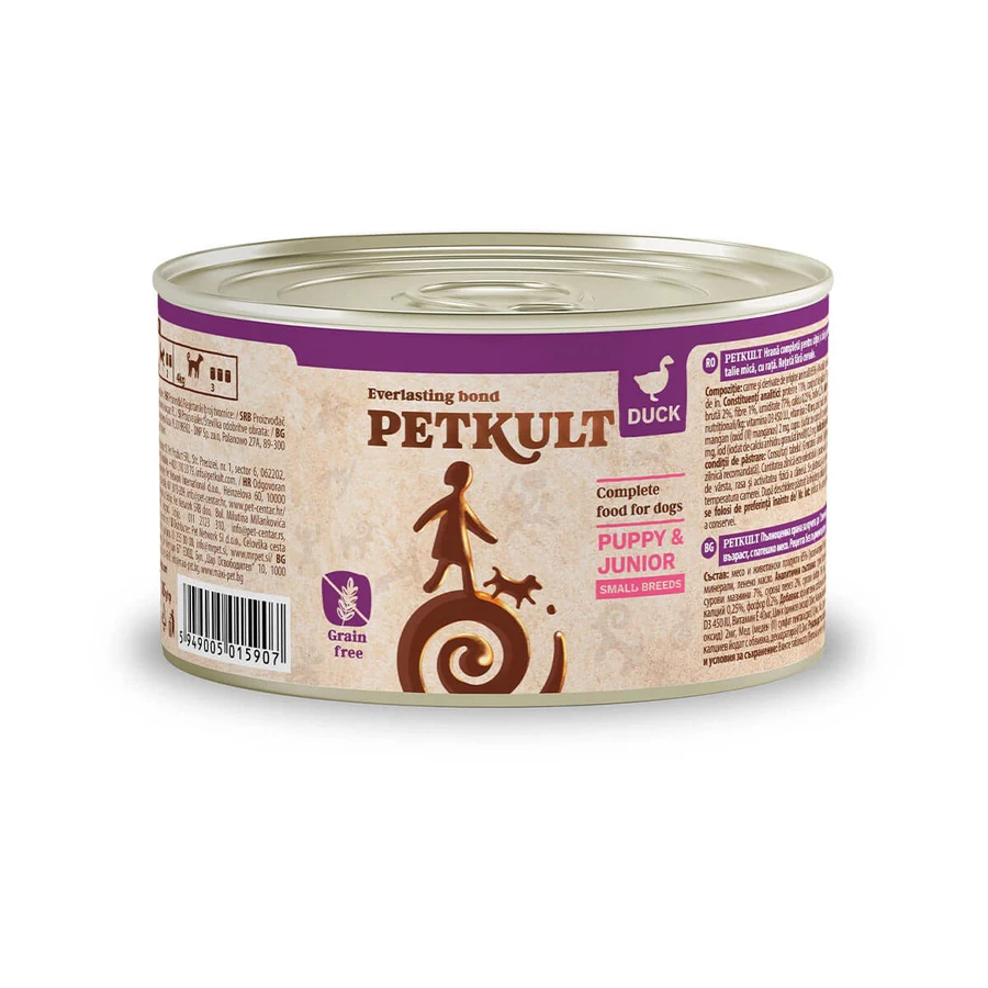 PETKULT Grain Free Mini Junior, Anatra, cibo umido grain free in scatola per cani junior, 185g