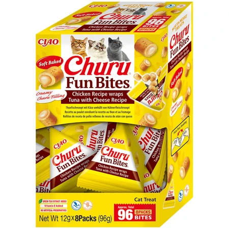 INABA Churu Fun Bites, Pui și Brânză, cutie recompense fără cereale pisici, 96g